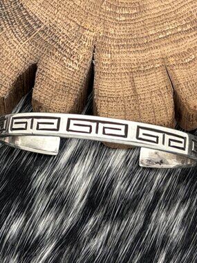 TONY LANER Navajo Sterling Silver Greek Key Design Cuff Bracelet Signed 6.25"